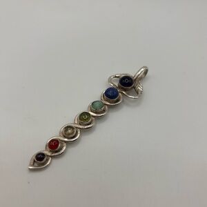 Multi-Gemstones Sterling Silver 925 Long Pendant Turquoise, Amethyst, Lapis...